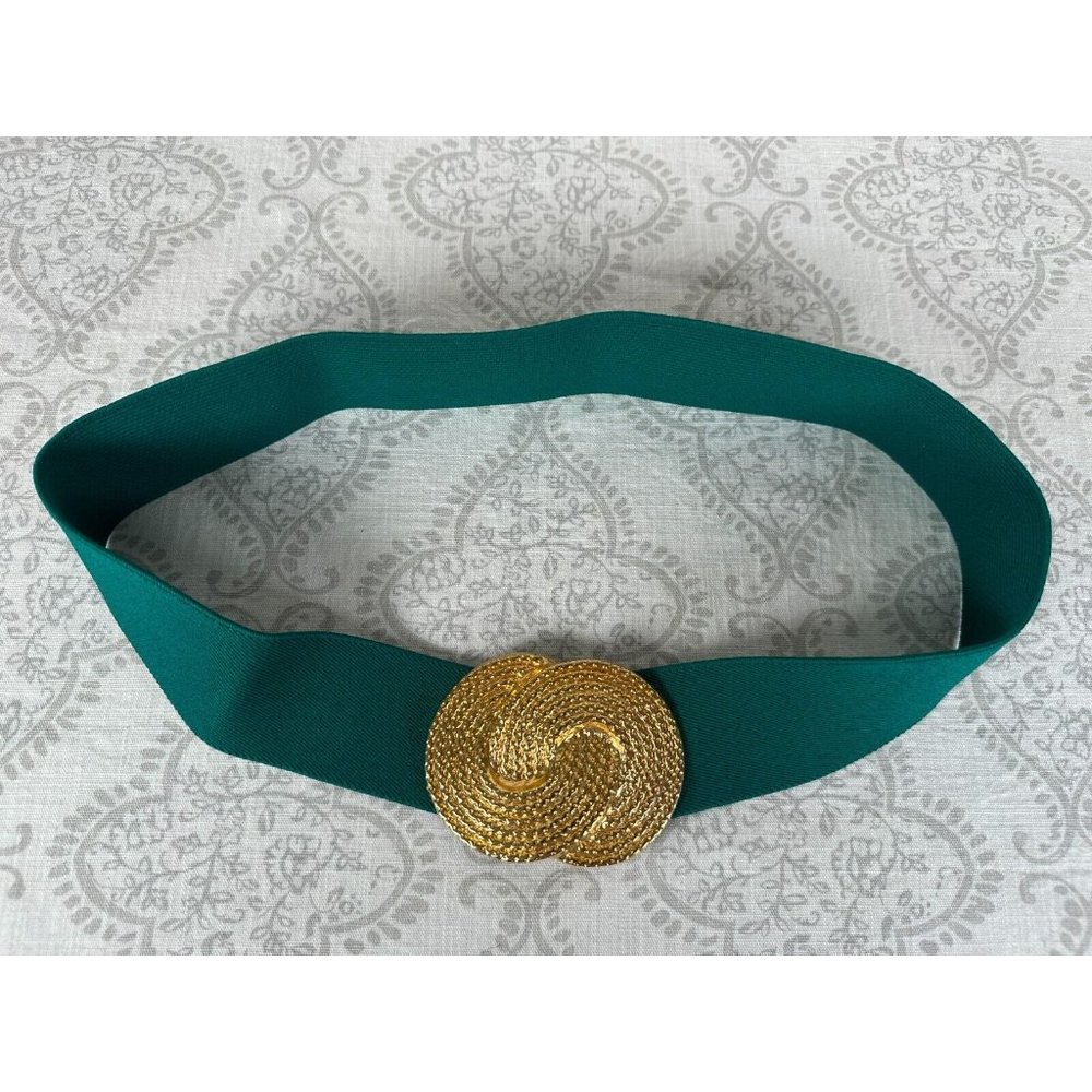 Vintage Statement Belt Womens Nan Lewis Green Gold Tone Buckle Wide Elastic